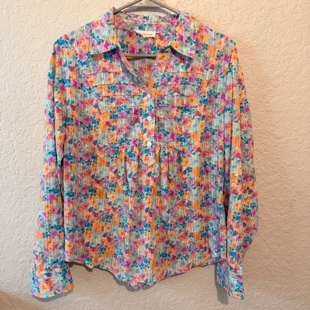 Westbound Floral Dobby Stripe Blouse Size S Cottagecore Boho Colorful Cotton Top
